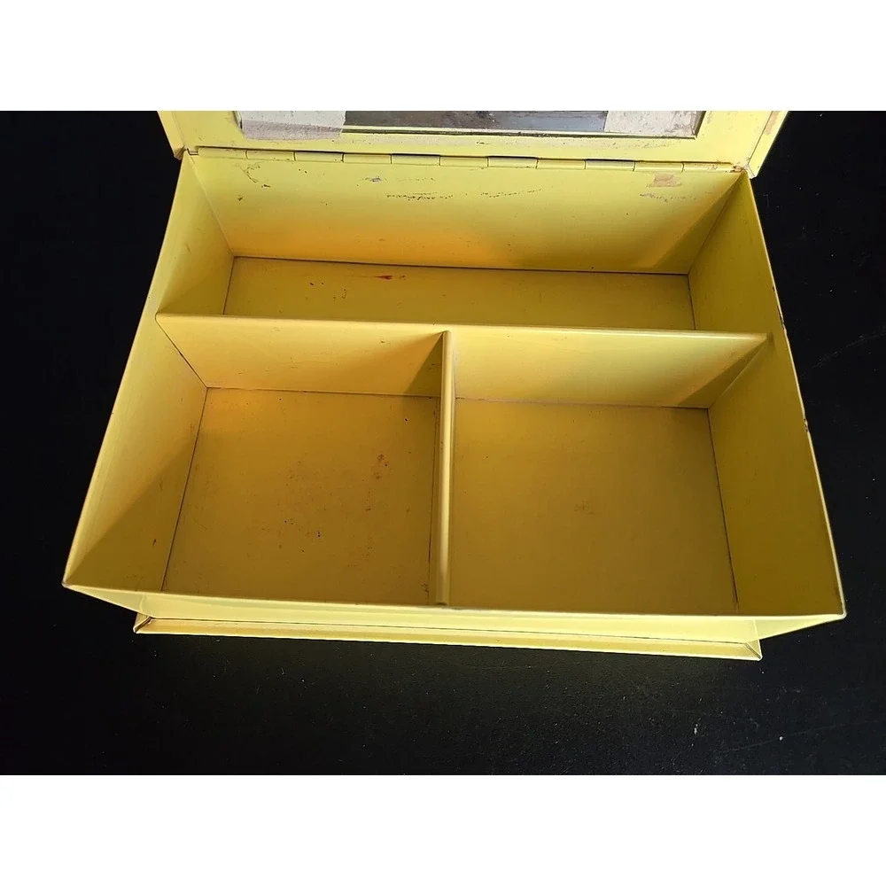 Vintage Yellow‎ Metal Box w/ Flowers on Hinged Lid - Hankie Jewelry Make-up Box